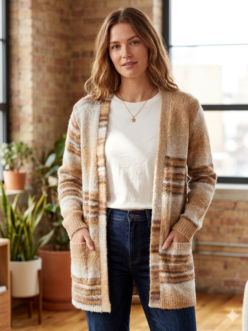 Natural Reflections Beige Stripe Open-Front Cardigan Size M